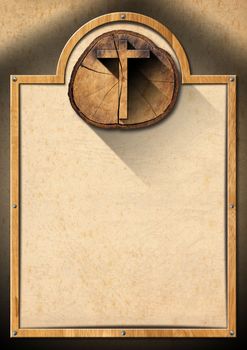 Christian background with wooden frame and wooden cross on a section of tree trunk
