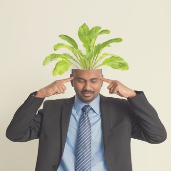 Plant growing up from Indian businessman head, eco business concept photo.