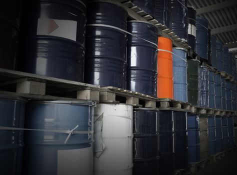 Large group of Oil Drums in a warehouse