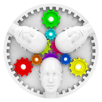 3d generated picture of some gear wheels and three heads