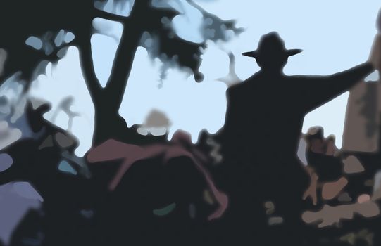 Cowboy abstract. Print like digital painting of man with cowboy hat and tree.