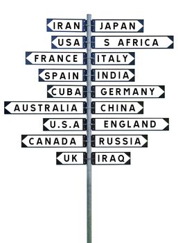 Sign Post with a large group of destinations isolated on white background