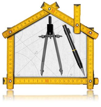 House project concept. Wooden meter ruler in the shape of house with a pencil and drawing compass. Isolated on white background