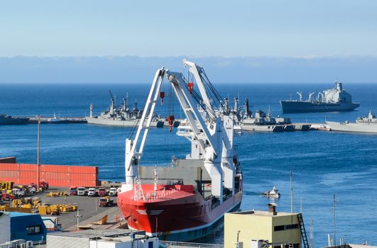 Big dry cargo ship at berth of Valparaiso port