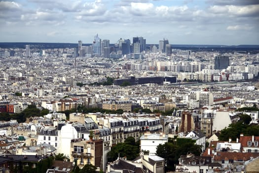 Landscape view of "La Defense", Paris. Cloudy gray sky.