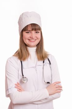 Portrait of medical worker in a white coat, hat
