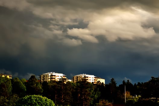 Blackeberg view on a summerday with approaching thunderstorm. Stockholm, Sweden in May.