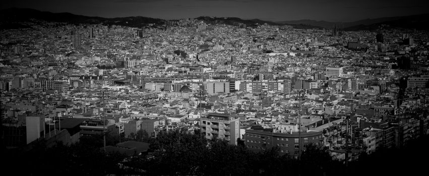 The dense building population of Barcelona Spain, in black and white.