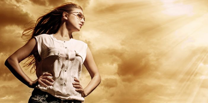 Beautiful caucasian woman in casual over sky background