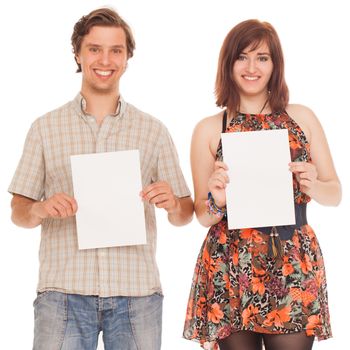 Caucasian couple with blank papers in their hands over white background