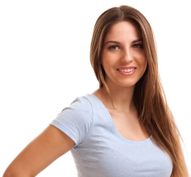 Young happy caucasian woman isolated over white background