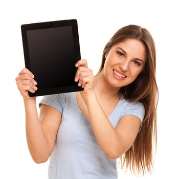 Young caucasian woman with tablet PC over white background