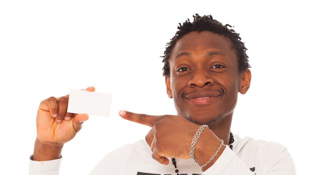 Handsome black guy with empty table isolated over white background