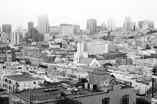 Morning comes over the not so recognizable downtown skyline of San Francisco