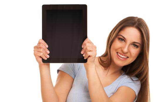 Young caucasian woman with tablet PC over white background