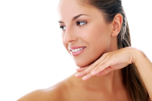 Portrait of a beautiful woman who is posing happily and tenderly over a white background