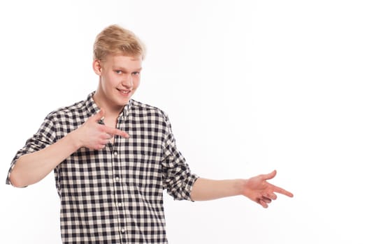 Cute guy in shirt over a white background