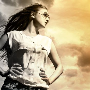 Beautiful caucasian woman in casual over sky background
