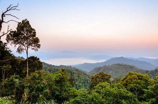 Beautiful mountain range in the morning from Panoen Thung scenic point at Kaeng Krachan National Park Phetchaburi province in Thailand