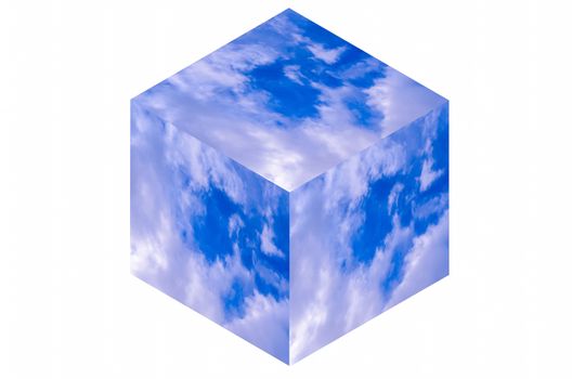 Isometric cube illustration of a blue sky with clouds