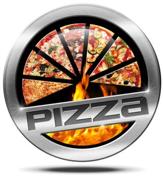 Metal round icon or symbol with pizza slices, flames and text pizza. Isolated on white background