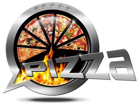 Metallic Icon or symbol in the shape of speech bubble with pizza slices, flames and text pizza. Isolated on white background
