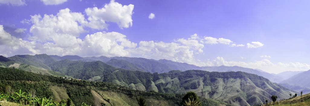 The Panorama of Mountain and Blue Sky Landscape in Countryside of Thailand.