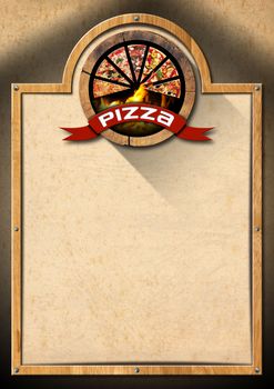 Signboard with wooden frame, empty brown old paper and symbol with slices of pizza. Template for a rustic pizza menu
