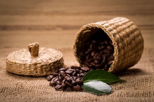 pile of coffee beans and wooden spoon in jar with space for text