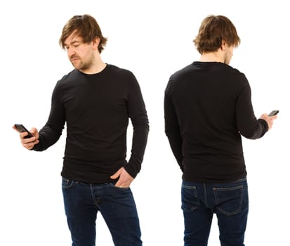 Photo of a man holding a smartphone and wearing a blank black t-shirt, front and back. Ready for your design or artwork.
