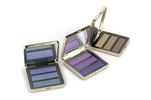 Different eye shadows in gold boxes on white background