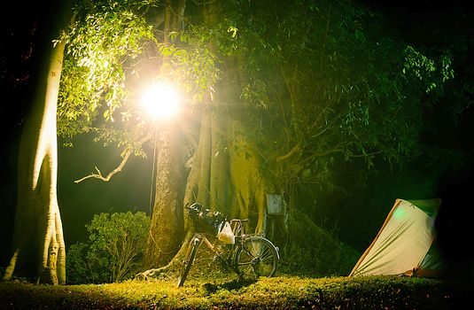 The Bicycle Touring Camping at Night Time.