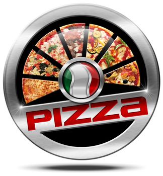 Metal icon or symbol with slices of pizza and Italian flag. Isolated on white background