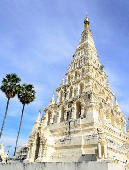 The Ancient White Square Pagoda at a Buddhist Temple in Thailand.