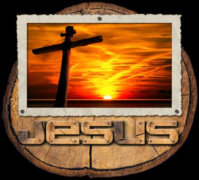 Cross silhouette at the beautiful sunset in a old photo frame on a section of tree trunk. Isolated on black background