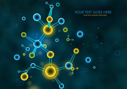 A 3D illustration representing chemistry organic protein molecules formations and  structures on a dark background