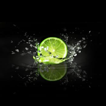 splashing cutted lime on a black background