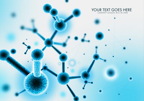 A 3D illustration representing chemistry organic protein molecules formations and  structures on a blue background