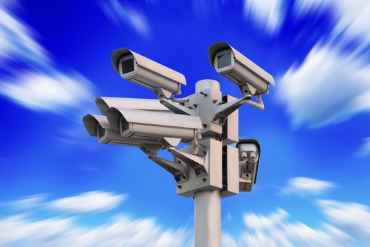 security surveillance camera on blue sky with motion effect 