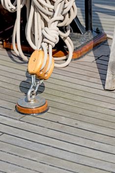 Yacht. Yachting. Sailboat block and rope detail.