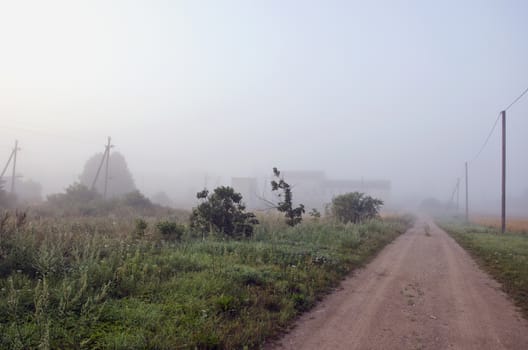 summer end rural gravel road and morning mist fog