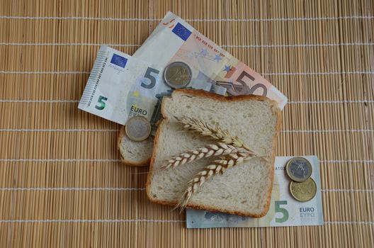 Slice of bread and wheat ears on Euro banknotes food concept