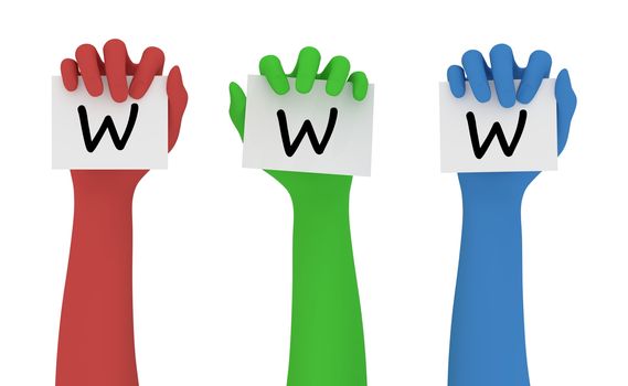 Illustration of red green and blue hands, each holding a note marked with a letter W