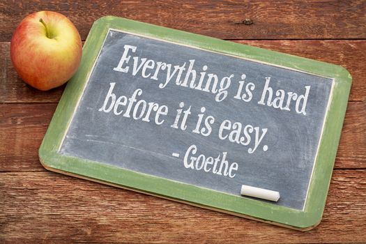 Everything is hard before it is easy - Goethe quote  on a slate blackboard against red barn wood