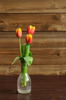 Red and yellow tulips in glass bottle on wooden background with space vertical