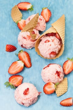 Strawberry Ice Cream With Fresh Strawberries. Macro photograph with shallow depth of field.