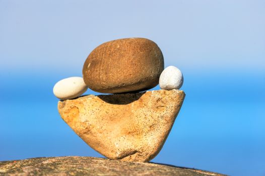 Balancing of round pebbles on the triangular stone