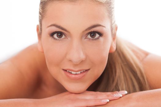 Closeup portrait of beautiful caucasian woman with day makeup