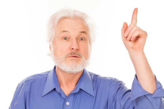 Handsome elderly man with gray beard has an idea isolated over white background