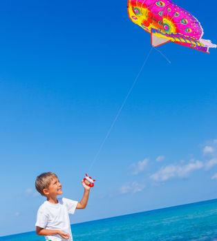 Summer vacation - Cute boy flying kite beach outdoor.